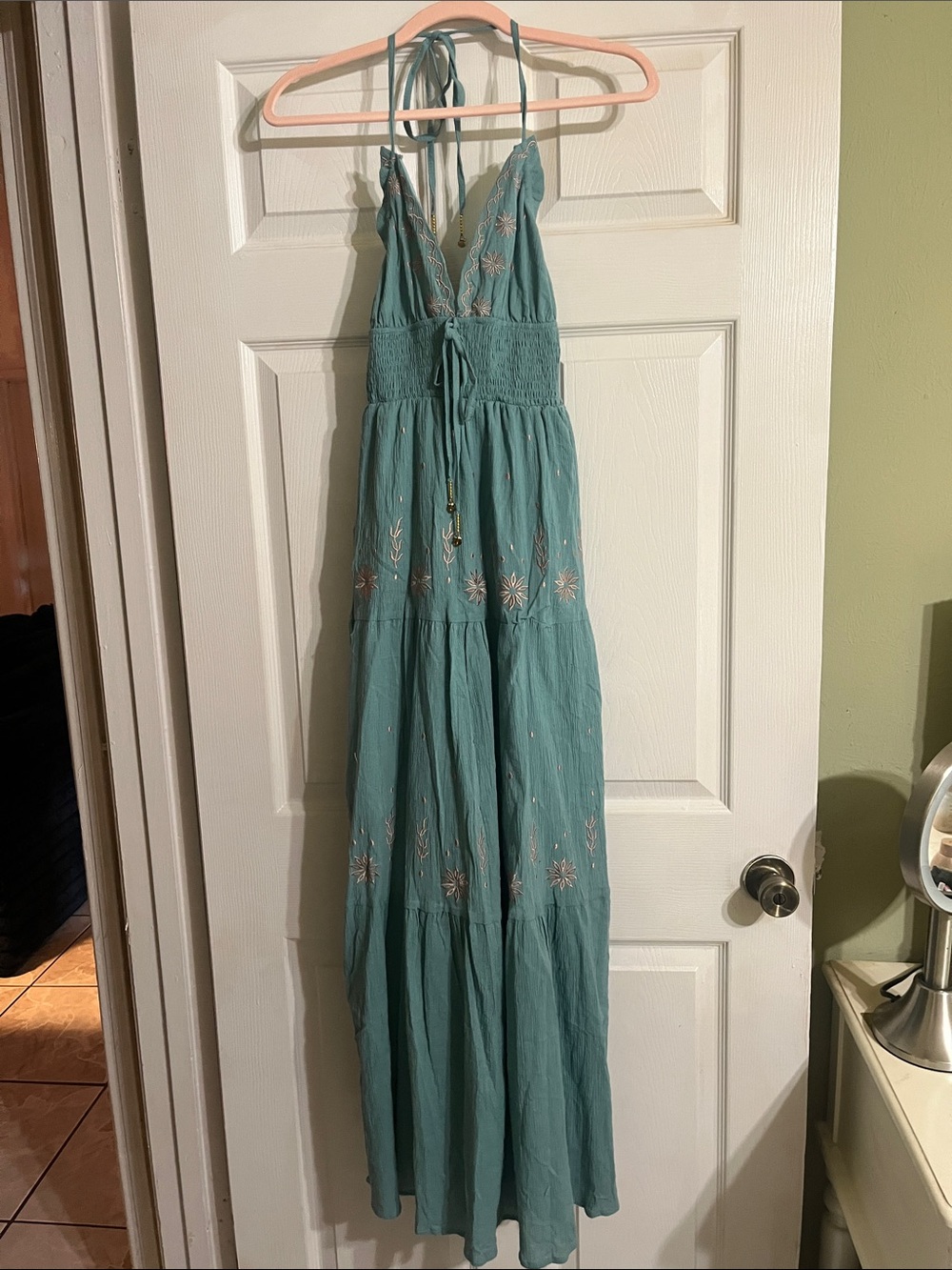 Teal Embroidered Halter Maxi Dress